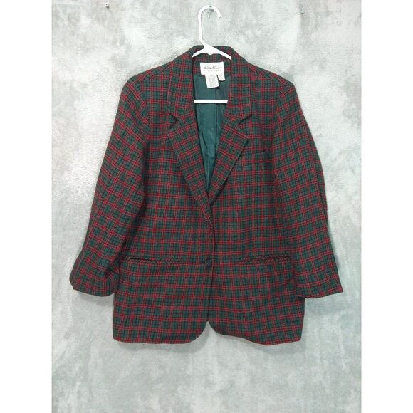Eddie Bauer Blazer Womens Small Petite Red Green Tartan Plaid Wool Jacket Coat - Picture 1 of 11